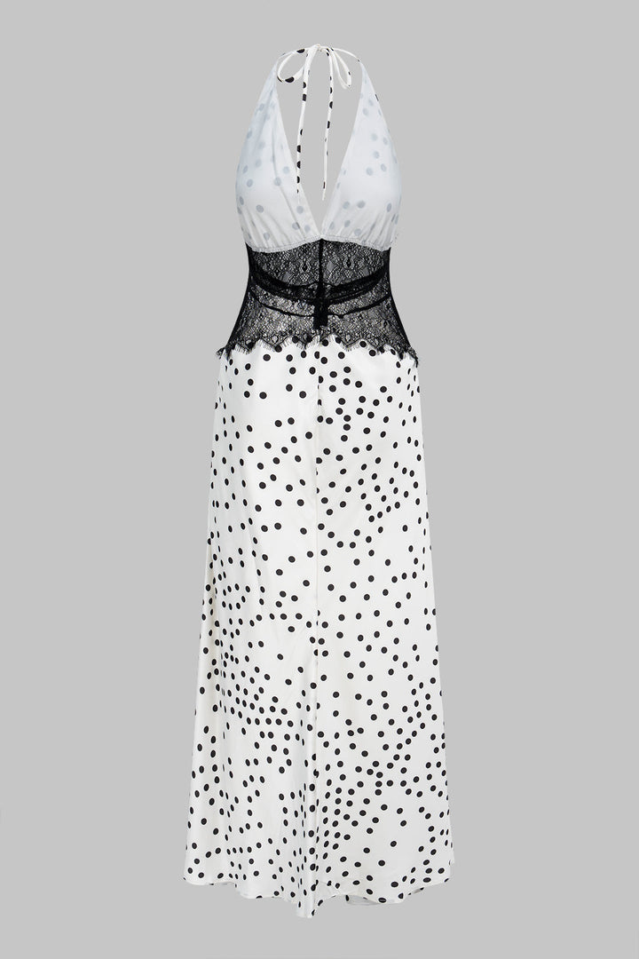 Polka Dots Print Satin Patchwork Lace Halter V-Neck Backless Sleeveless Maxi Dress