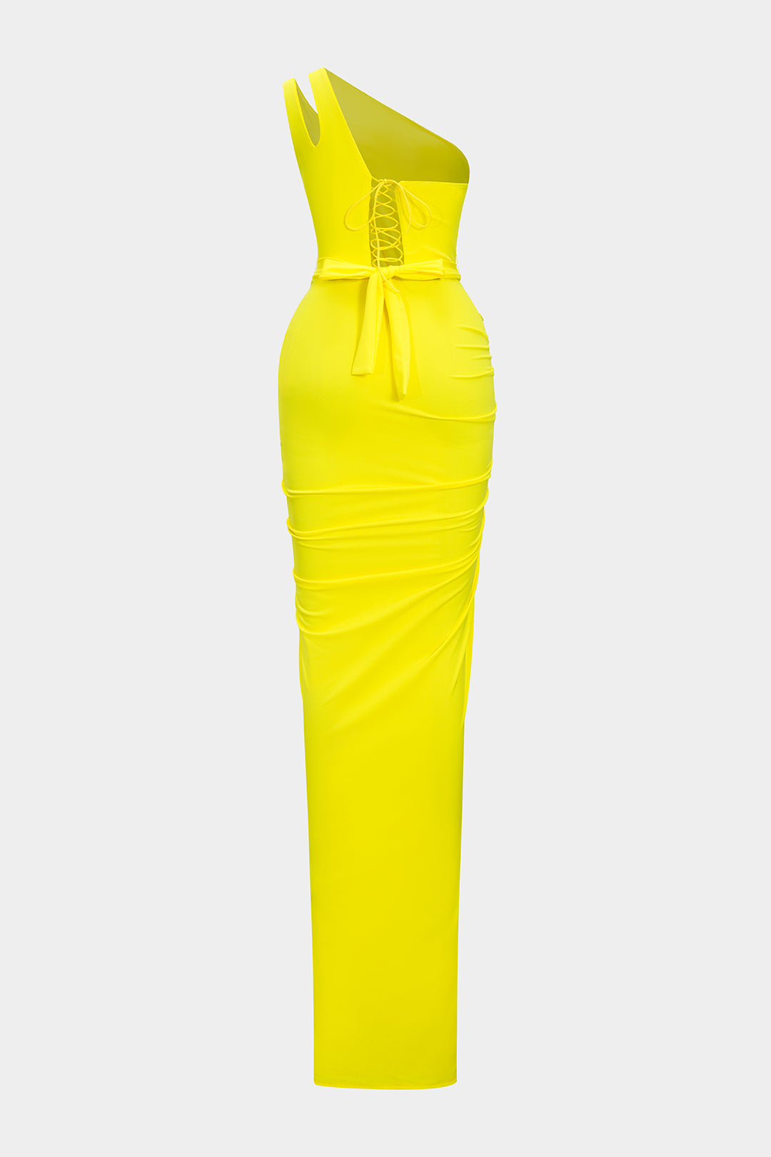 Satin High Slit Ruched Asymmetrical Maxi Dress