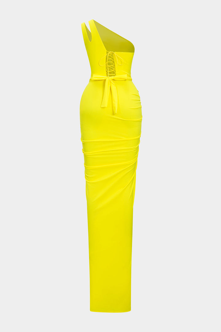 Satin High Slit Ruched Asymmetrical Maxi Dress