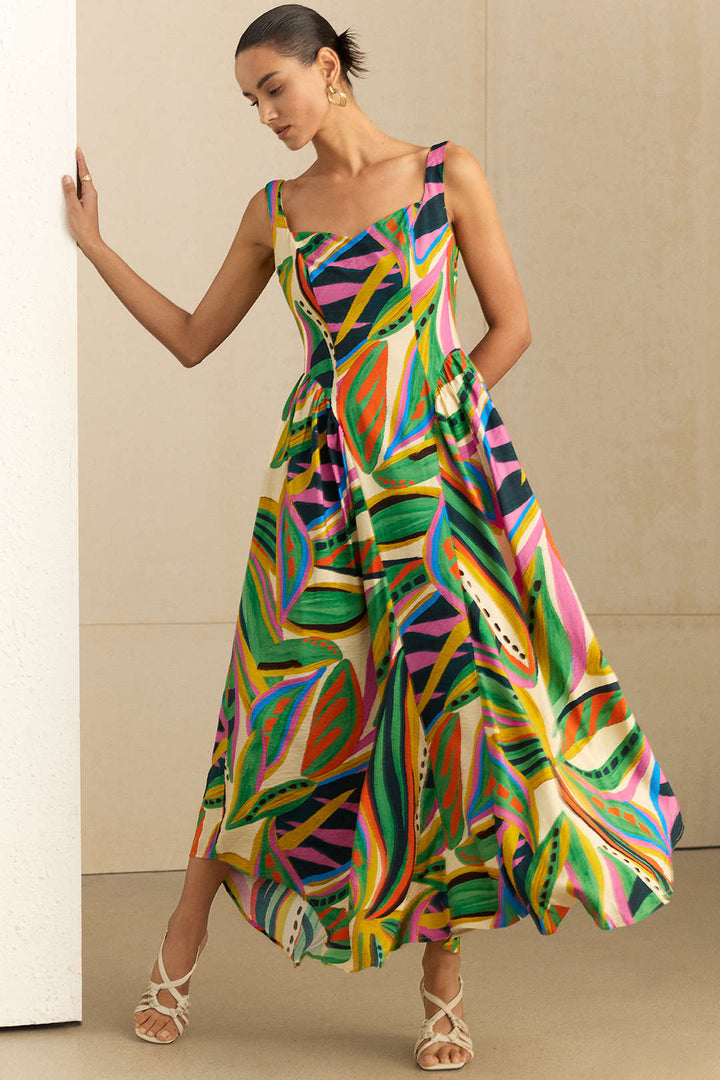 Abstract Print Ruched Sleeveless Maxi Dress