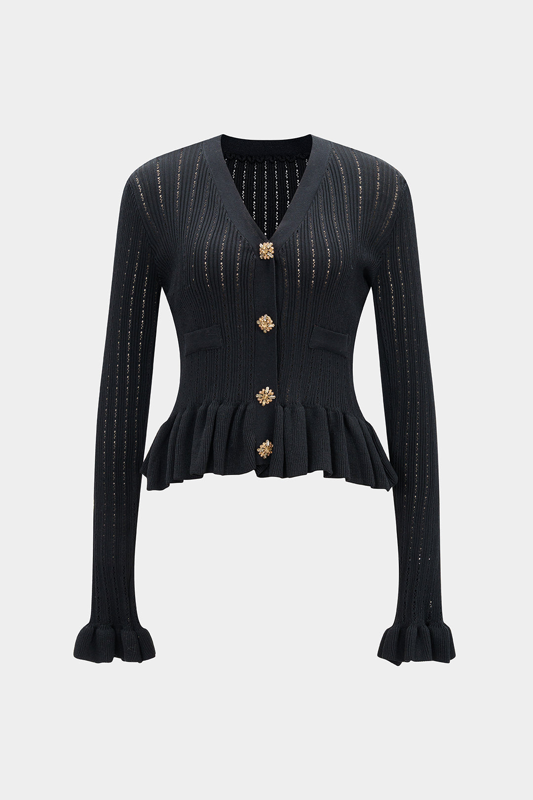 Knit Ruffle V-Neck Metallic Button Cardigan