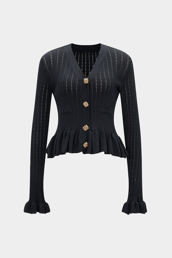Knit Ruffle V-Neck Metallic Button Cardigan