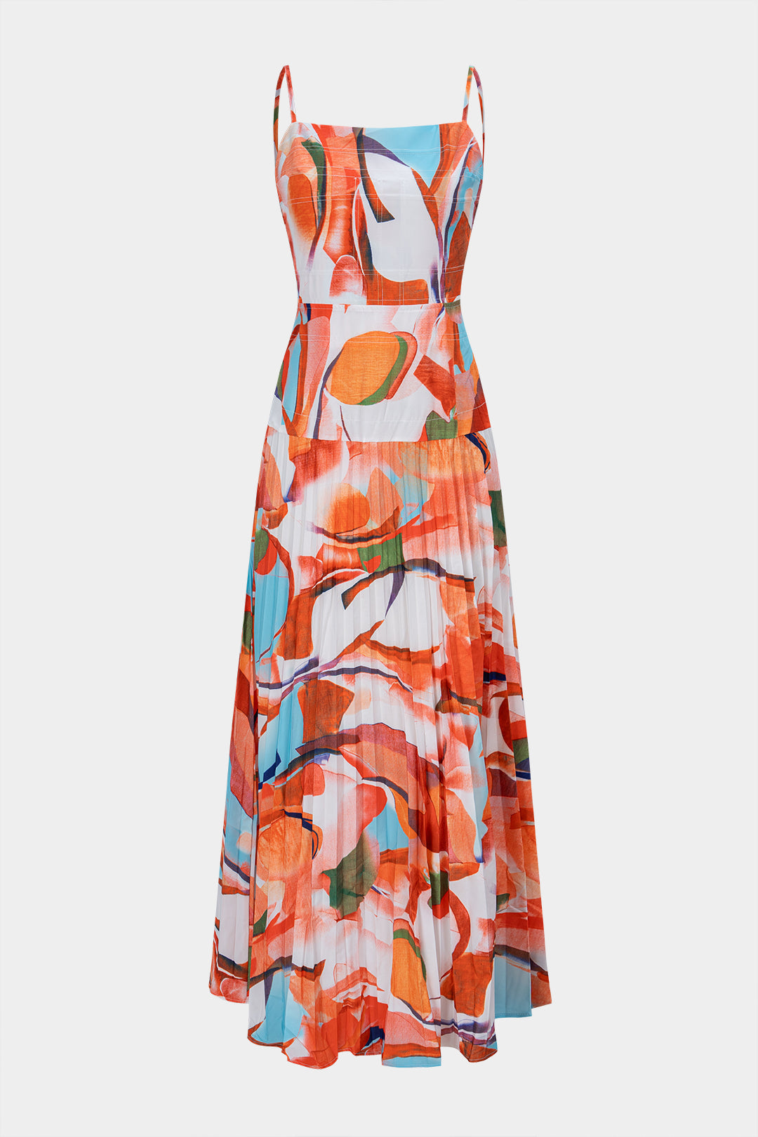Geometric Print Pleated Sleeveless Maxi Dress