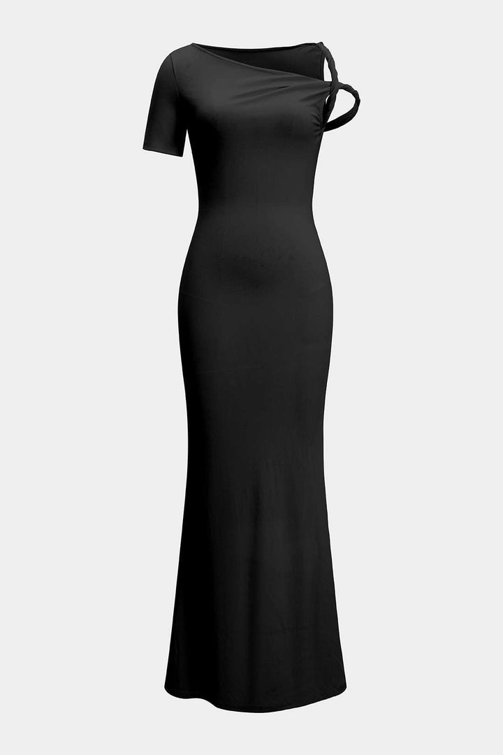 Solid Asymmetrical Twist Knot Short Sleeve Maxi Dress