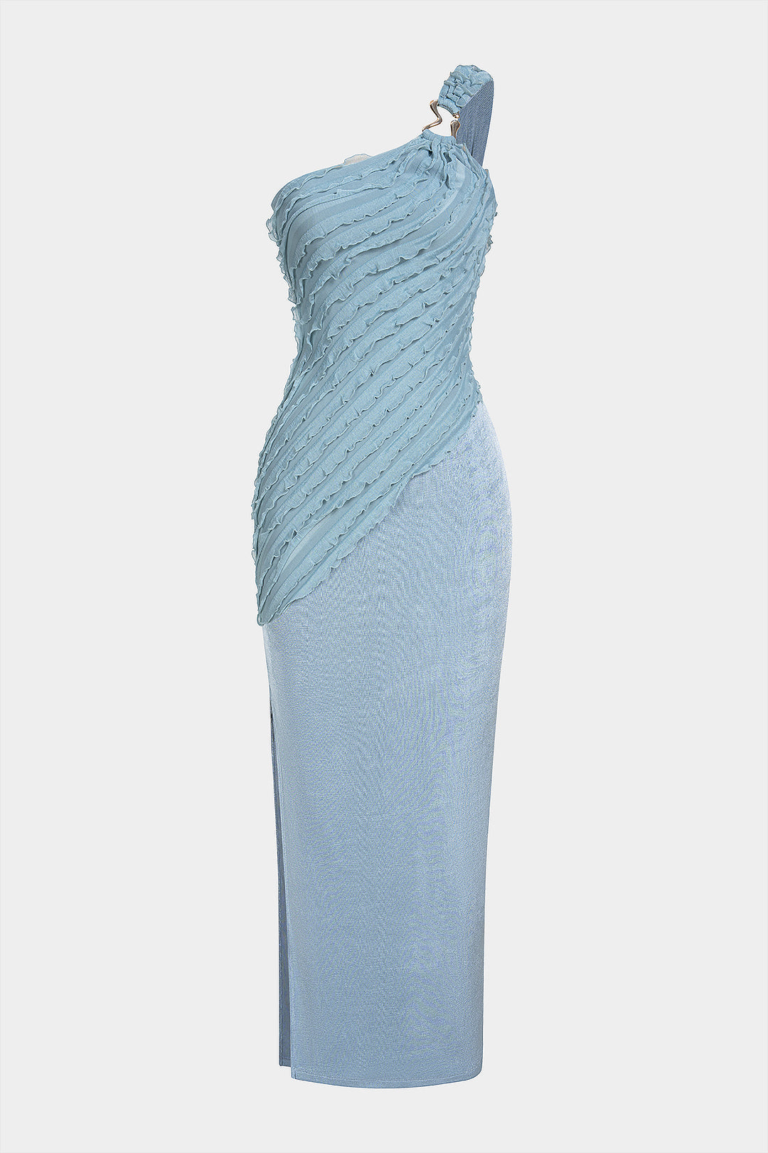 One Shoulder Asymmetrical Metallic Ruched Sleeveless Maxi Dress