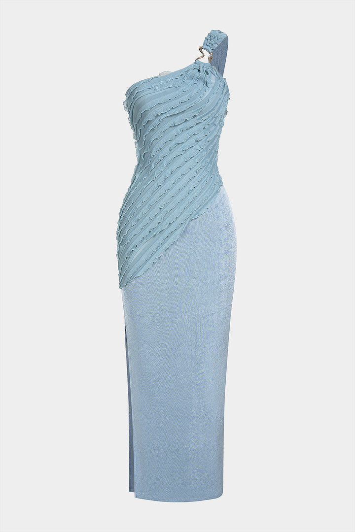 One Shoulder Asymmetrical Metallic Ruched Sleeveless Maxi Dress