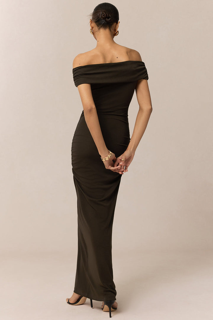 Off Shoulder Metallic Button Maxi Dress