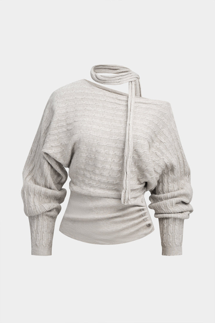Cable Knit Asymmetrical Button Long-Sleeve Top