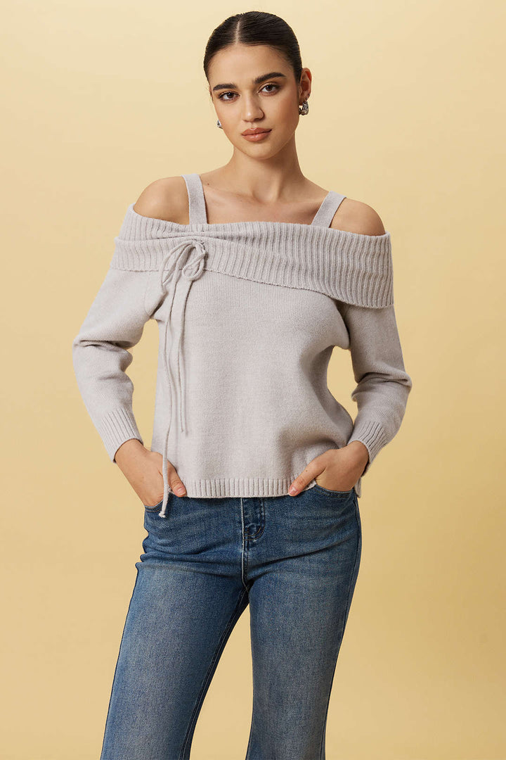 Knit Off-Shoulder Bow Long-Sleeve Top