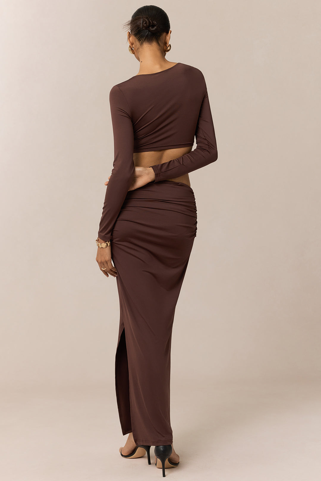 Ruched Round Neck Cut Out Long Sleeve Maxi Dress