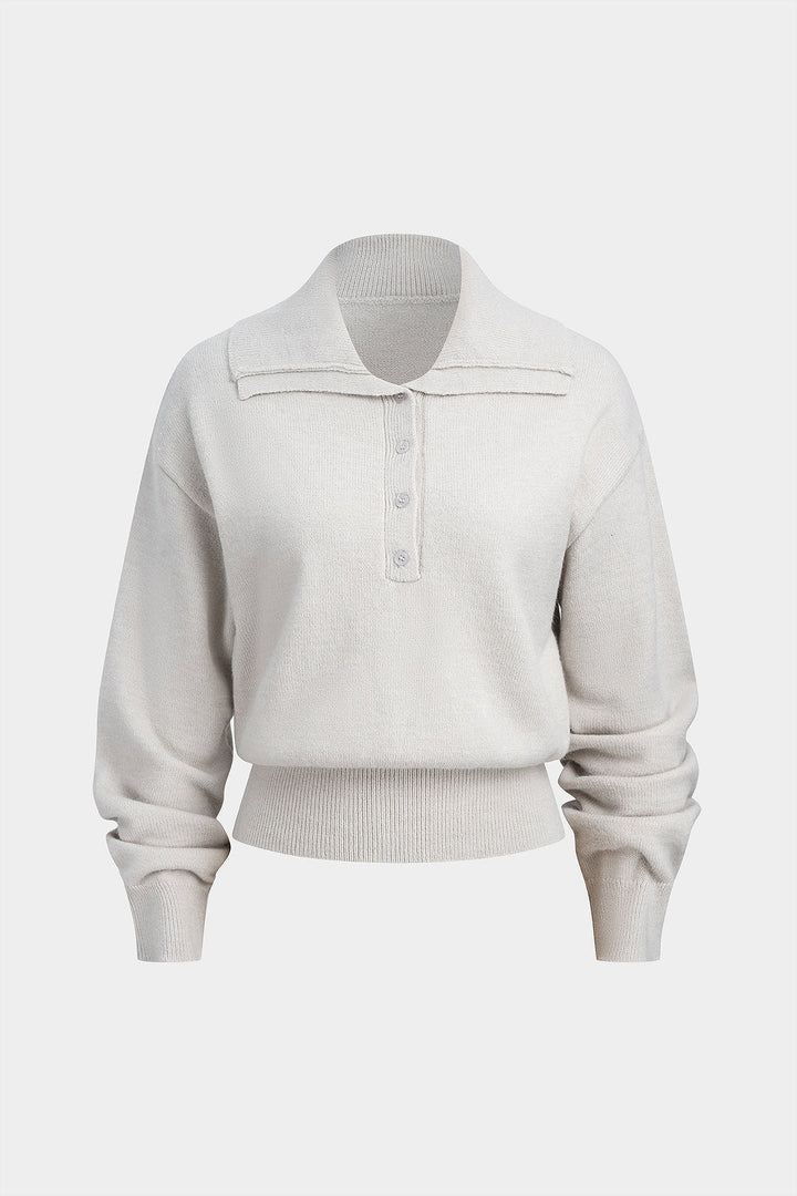 Knit Button Polo Collar Long-Sleeve Top