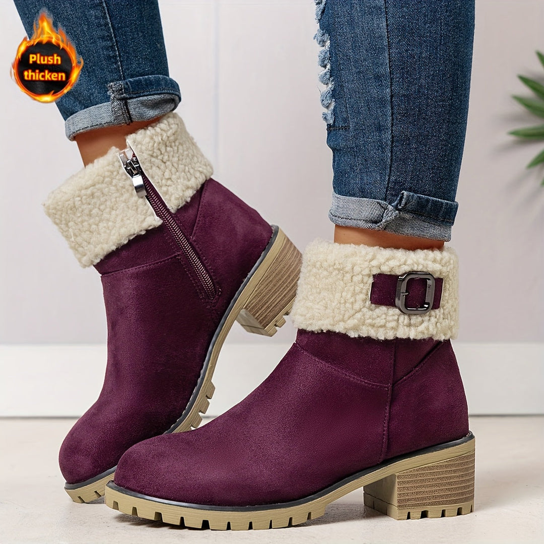 Mirella™ | Sherpa-cuff buckled side-zip heeled ankle boots