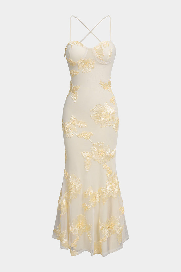 Floral Embroidery Mesh Patchwork Bustier Crossed Tie-Up Backless Sleeveless Maxi Dress