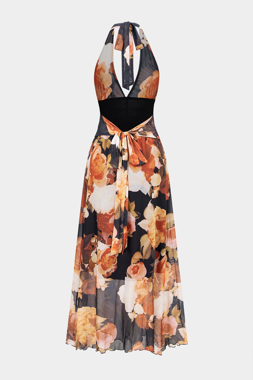 Floral Print Mesh Halter V-Neck Tie Back Backless Sleeveless Maxi Dress