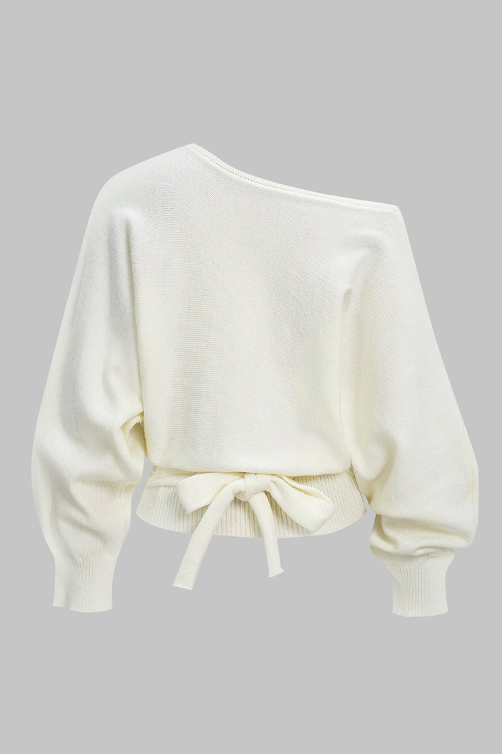 Knit One Shoulder Tie-Back Batwing Long-Sleeve Top