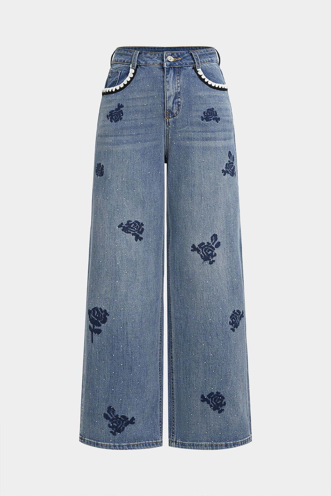 Denim Floral Embroidery High Waist Straight Leg Jeans