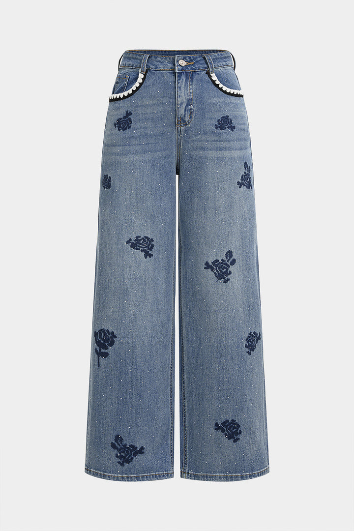 Denim Floral Embroidery High Waist Straight Leg Jeans