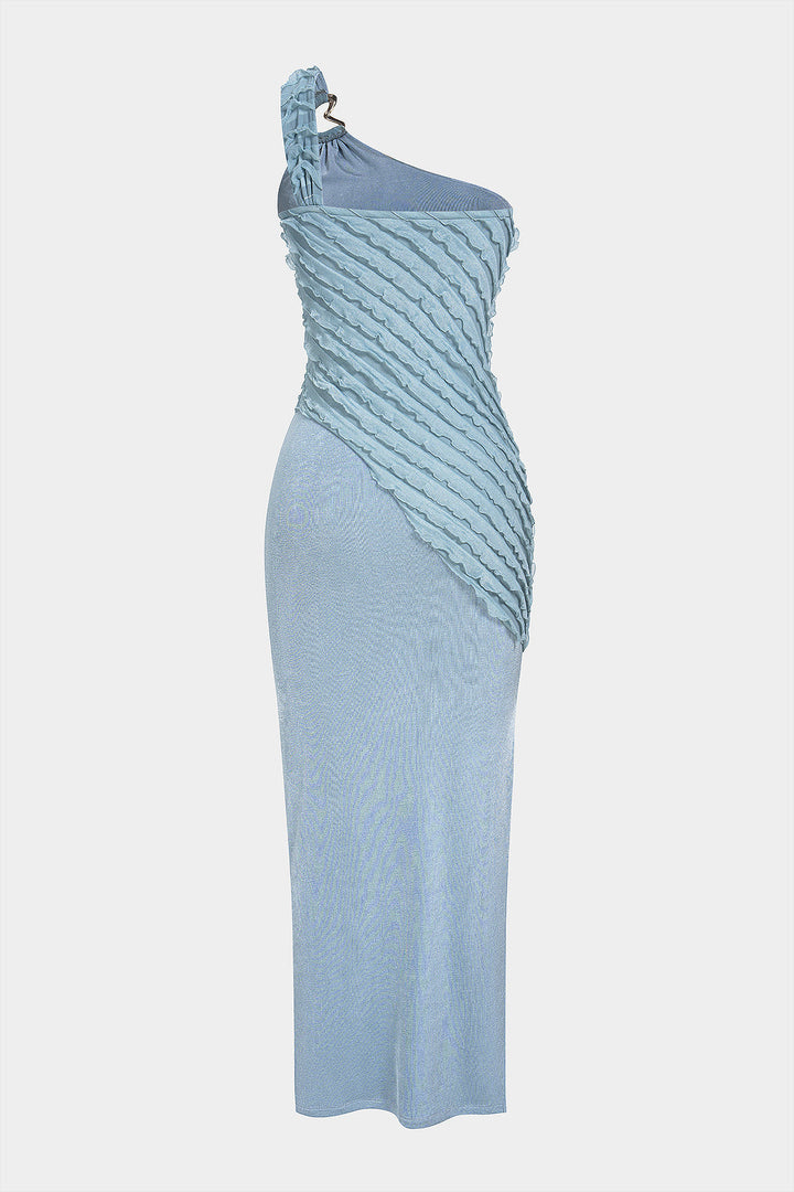 One Shoulder Asymmetrical Metallic Ruched Sleeveless Maxi Dress