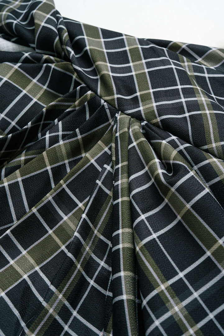 Plaid Print V-Neck Asymmetrical Ruched Long-Sleeve Maxi Dress