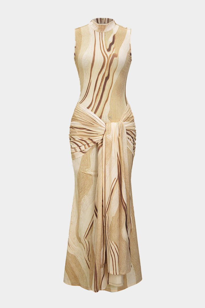 Abstract Print Tie Knot Ruched Tank Sleeveless Maxi Dress
