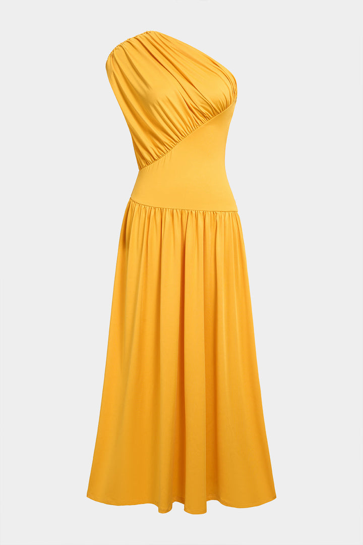 Solid One Shoulder Asymmetrical Ruched Sleeveless Maxi Dress