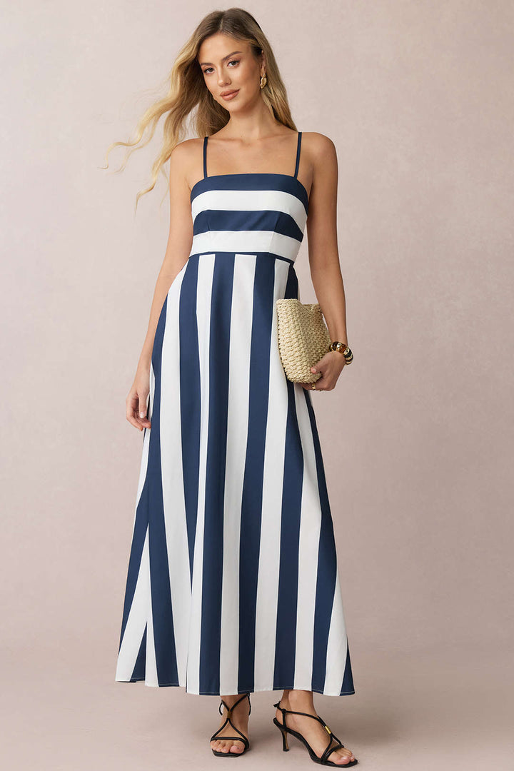 Stripes Print Smocked Backless Sleeveless Maxi Dress
