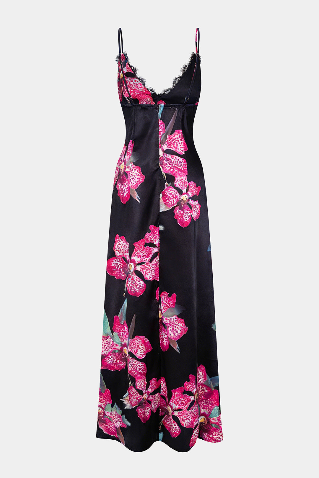 Floral Print Satin Patchwork Lce Trim V-Neck Slip Sleeveless Maxi Dress
