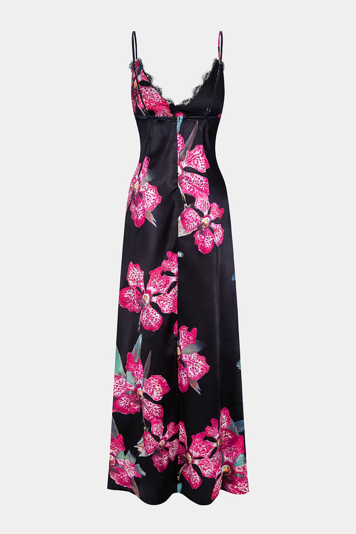 Floral Print Satin Patchwork Lce Trim V-Neck Slip Sleeveless Maxi Dress