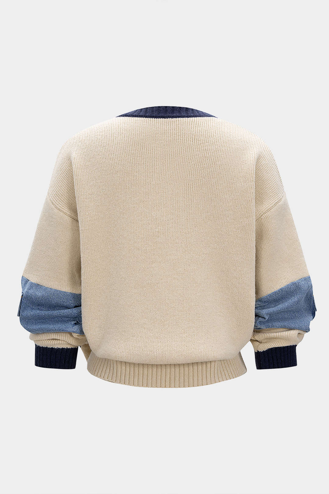 Knit Denim Patchwork Contrast Ribbed Long-Sleeve Top