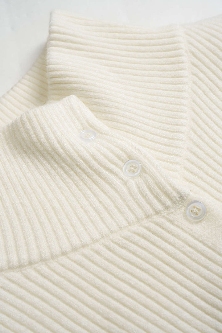 Knit Stand Collar Irregular Button Long-Sleeve Top