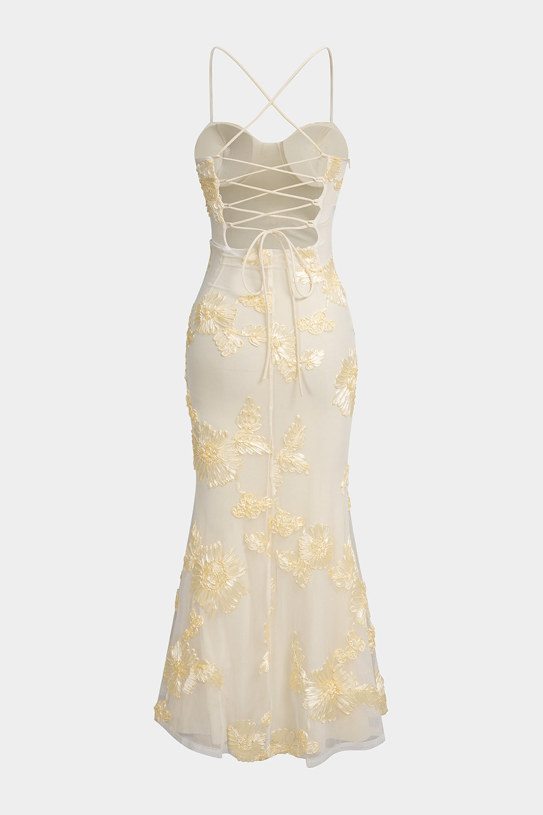 Floral Embroidery Mesh Patchwork Bustier Crossed Tie-Up Backless Sleeveless Maxi Dress