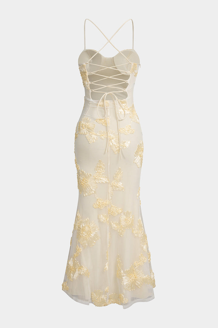 Floral Embroidery Mesh Patchwork Bustier Crossed Tie-Up Backless Sleeveless Maxi Dress