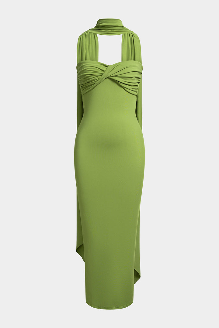 Solid Twist Knot Ruched Strapless Sleeveless Maxi Dress With Scarf