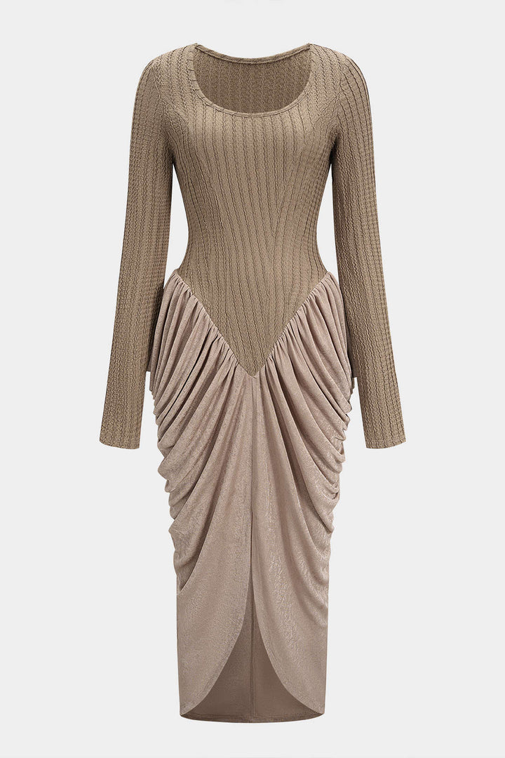 Round Neck Patchwork Ruched Long Sleeve Maxi Dress