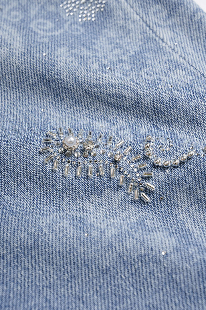 Denim Artistic Print Rhinestone Straight Leg Jeans