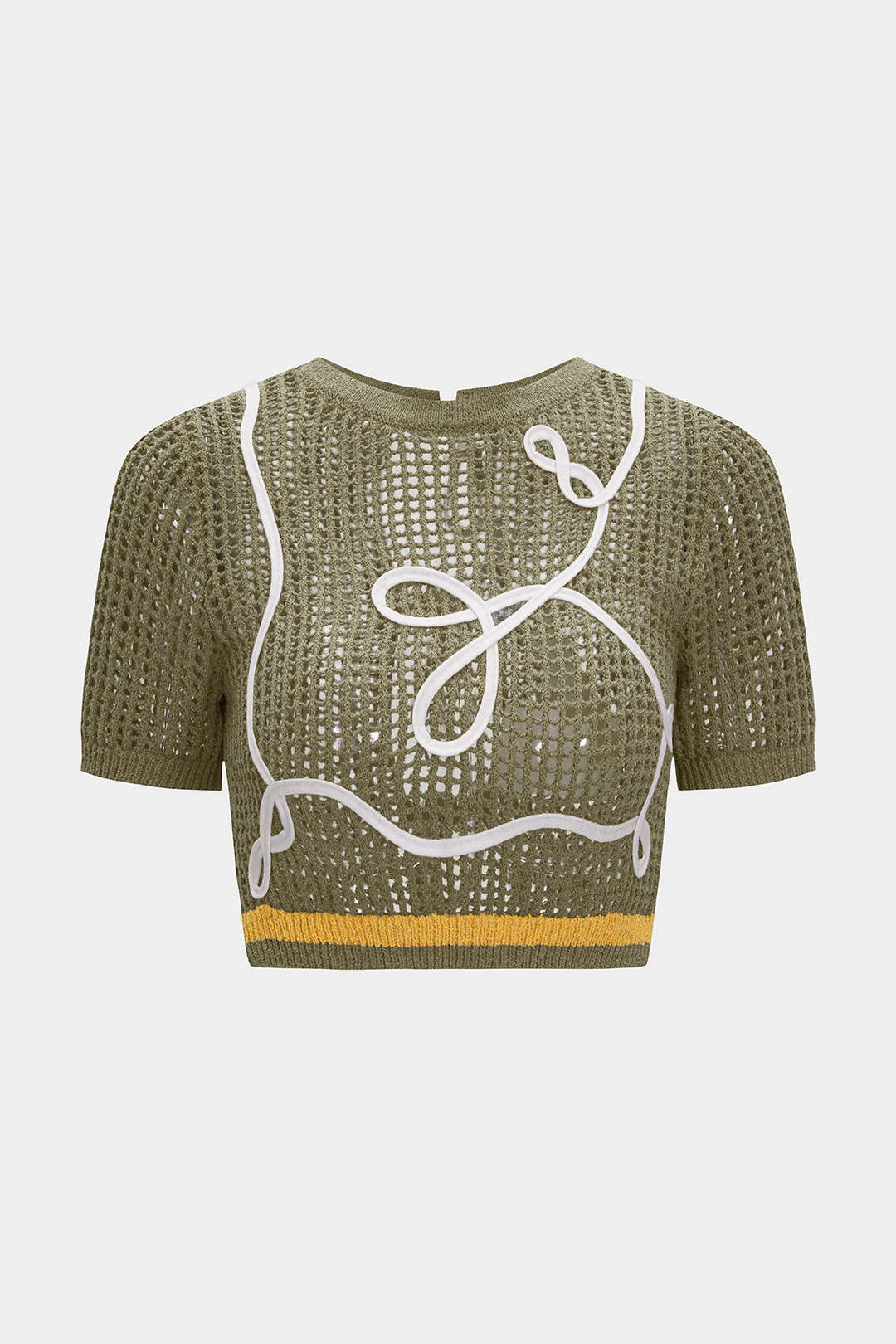 Knit 3D Embroidery Print Contrast Tie Back Short-Sleeve Top