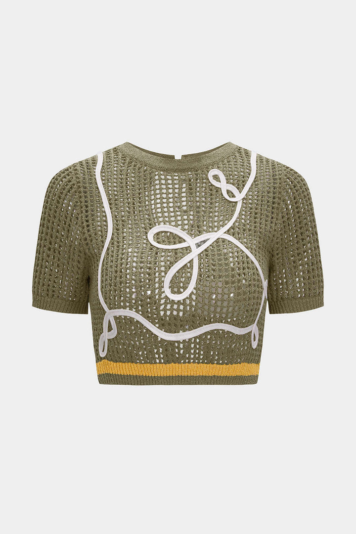Knit 3D Embroidery Print Contrast Tie Back Short-Sleeve Top