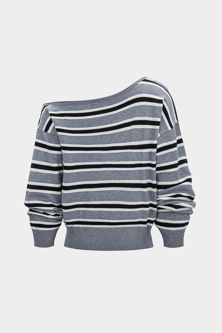 Knit Stripes Contrast Print One Shoulder Long-Sleeve Top