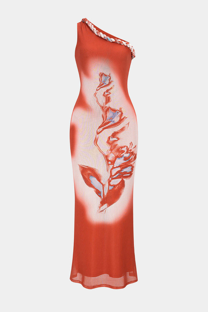 Floral Print Mesh One Shoulder Twist Knot Sleeveless Maxi Dress