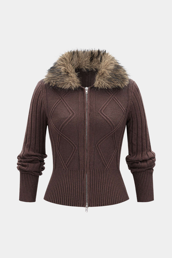Knit Patchwork Fringe Zipper Cardigan