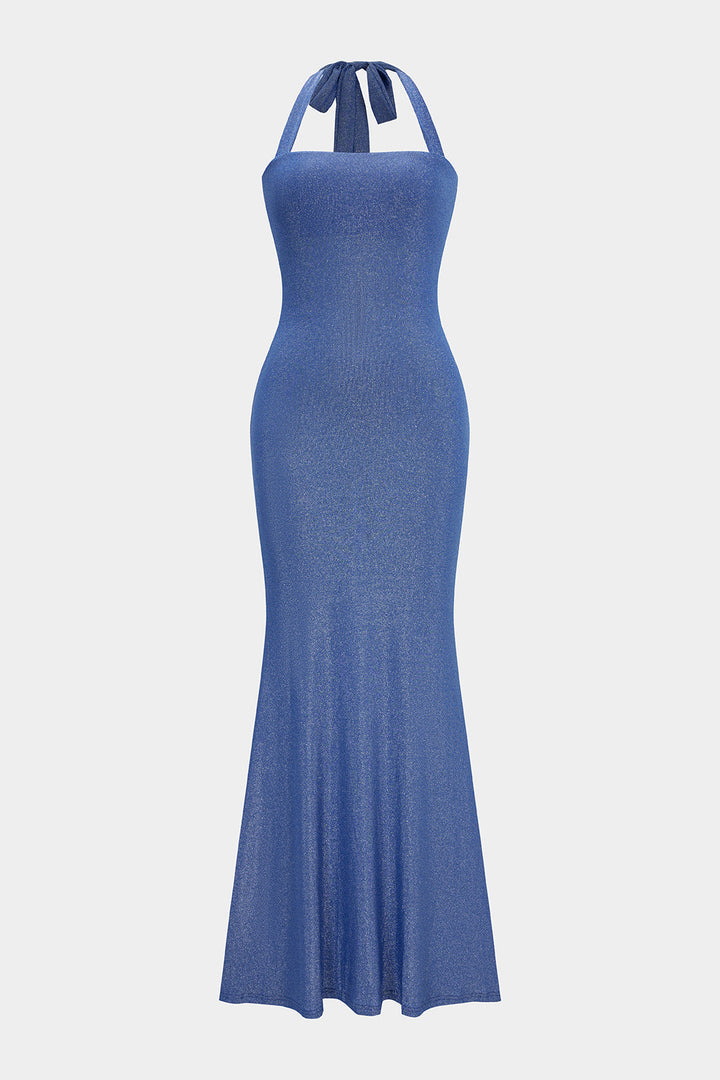 Textured Halter Tie Back Backless Sleeveless Maxi Dress