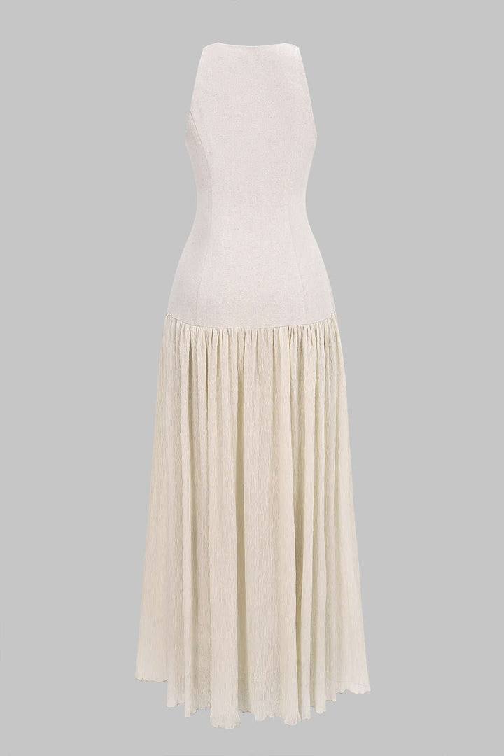 Linen U-Neck Ruched Sleeveless Maxi Dress