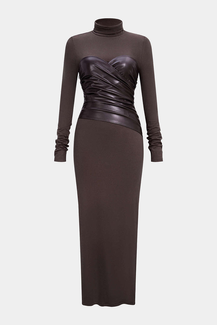 Faux Leather Crossed Ruched Long Sleeve Maxi Dress