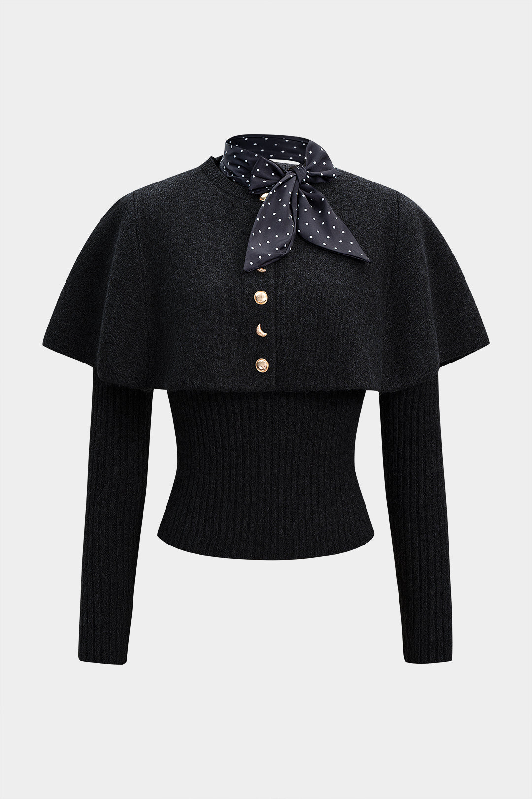 Knit Metallic Irregular Button Long-Sleeve Top With Scarf