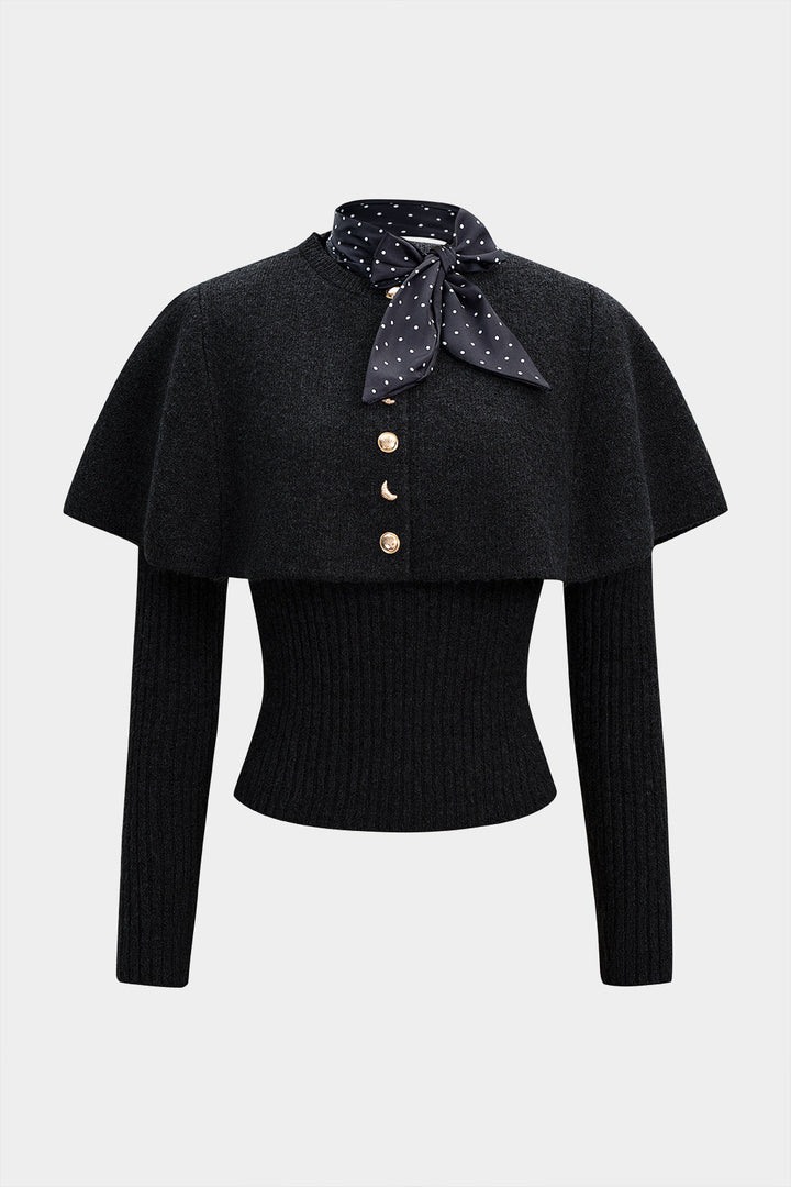 Knit Metallic Irregular Button Long-Sleeve Top With Scarf