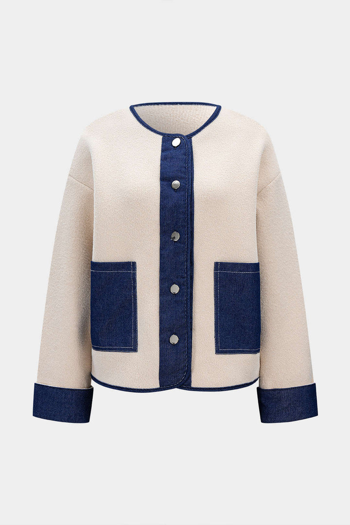 Knitted Denim Patchwork Pocket Cardigan