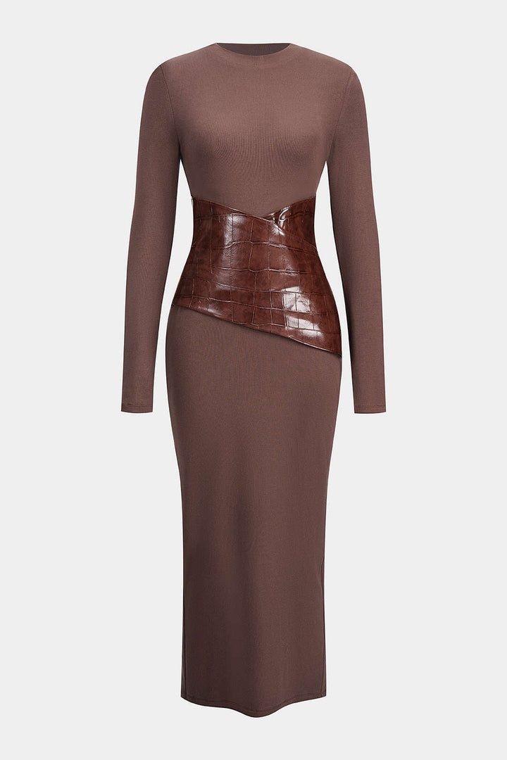 Faux Leather Round Neck Patchwork Long Sleeve Maxi Dress