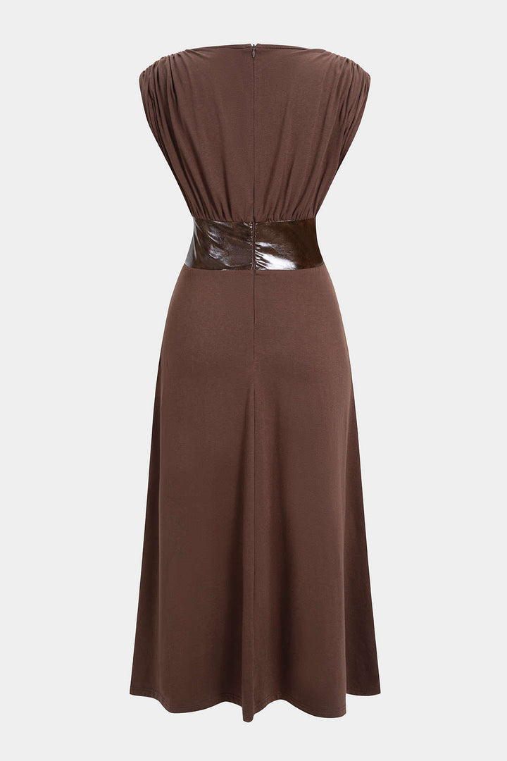 Faux Leather Patchwork Ruched Short-Sleeve Maxi Dress
