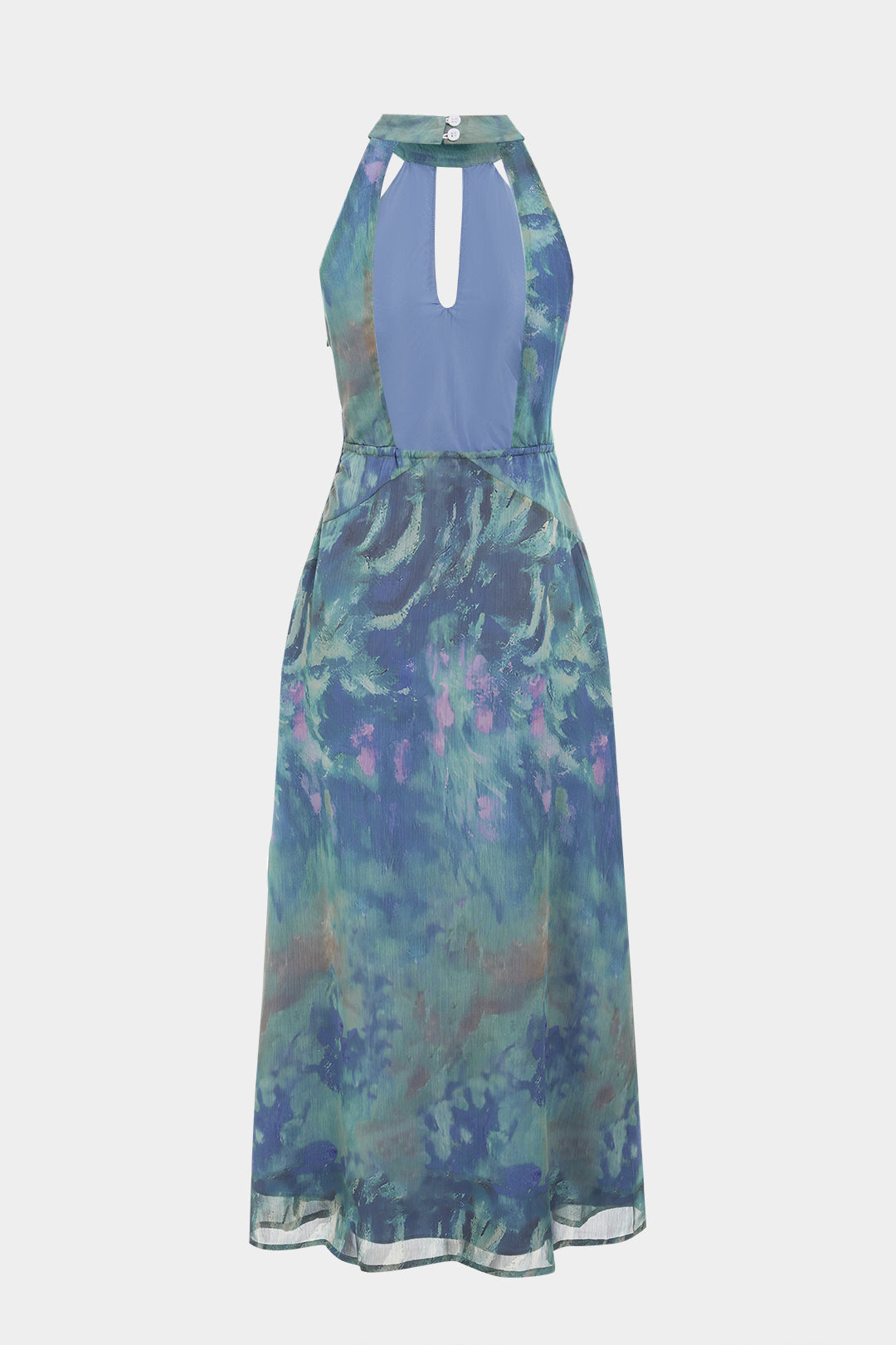 Tie Dye Print Mesh Halter Neck Cut Out Sleeveless Maxi Dress With Scarf