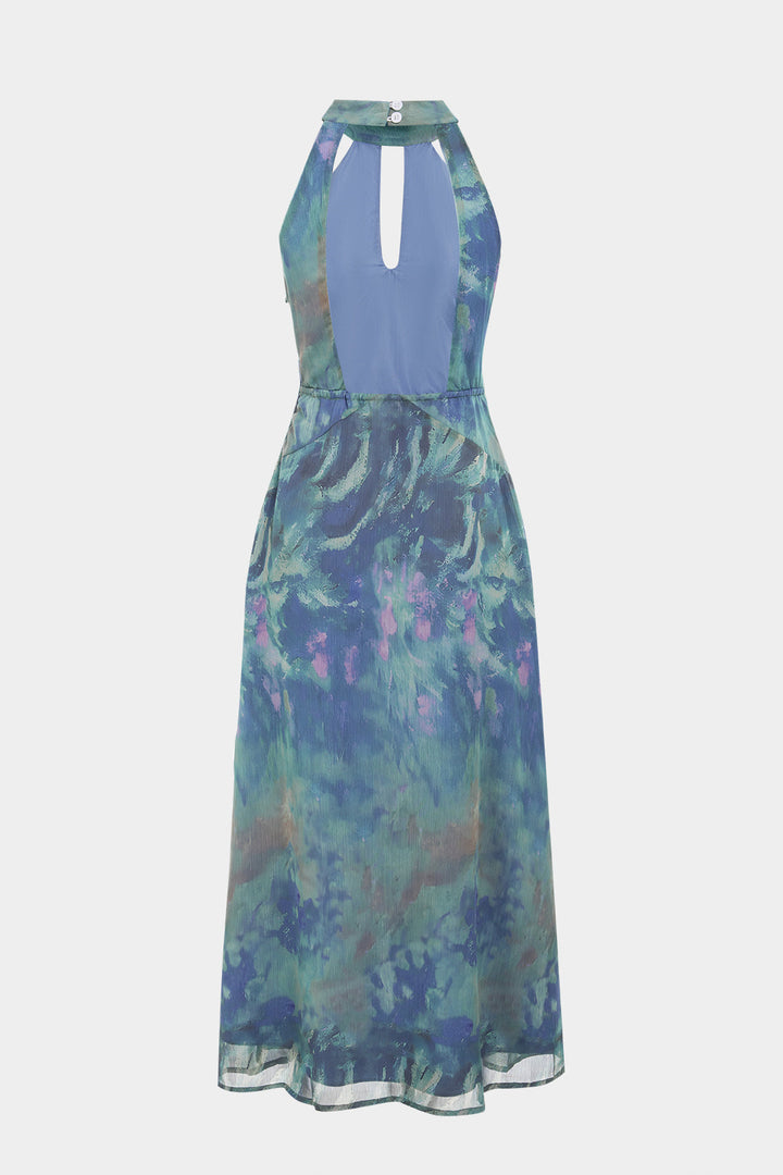 Tie Dye Print Mesh Halter Neck Cut Out Sleeveless Maxi Dress With Scarf